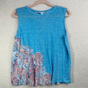 J.‎ Jill Tank Top 100% Linen Blue with Pink Accents Medium